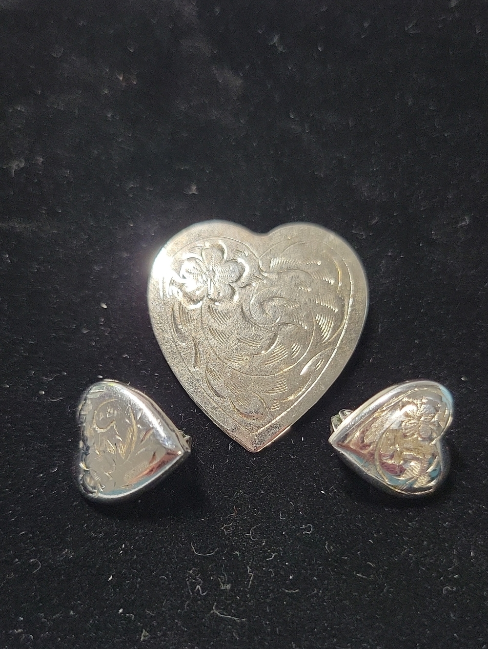 Silver Heart Floral Brooch and Earrings Set - Silver